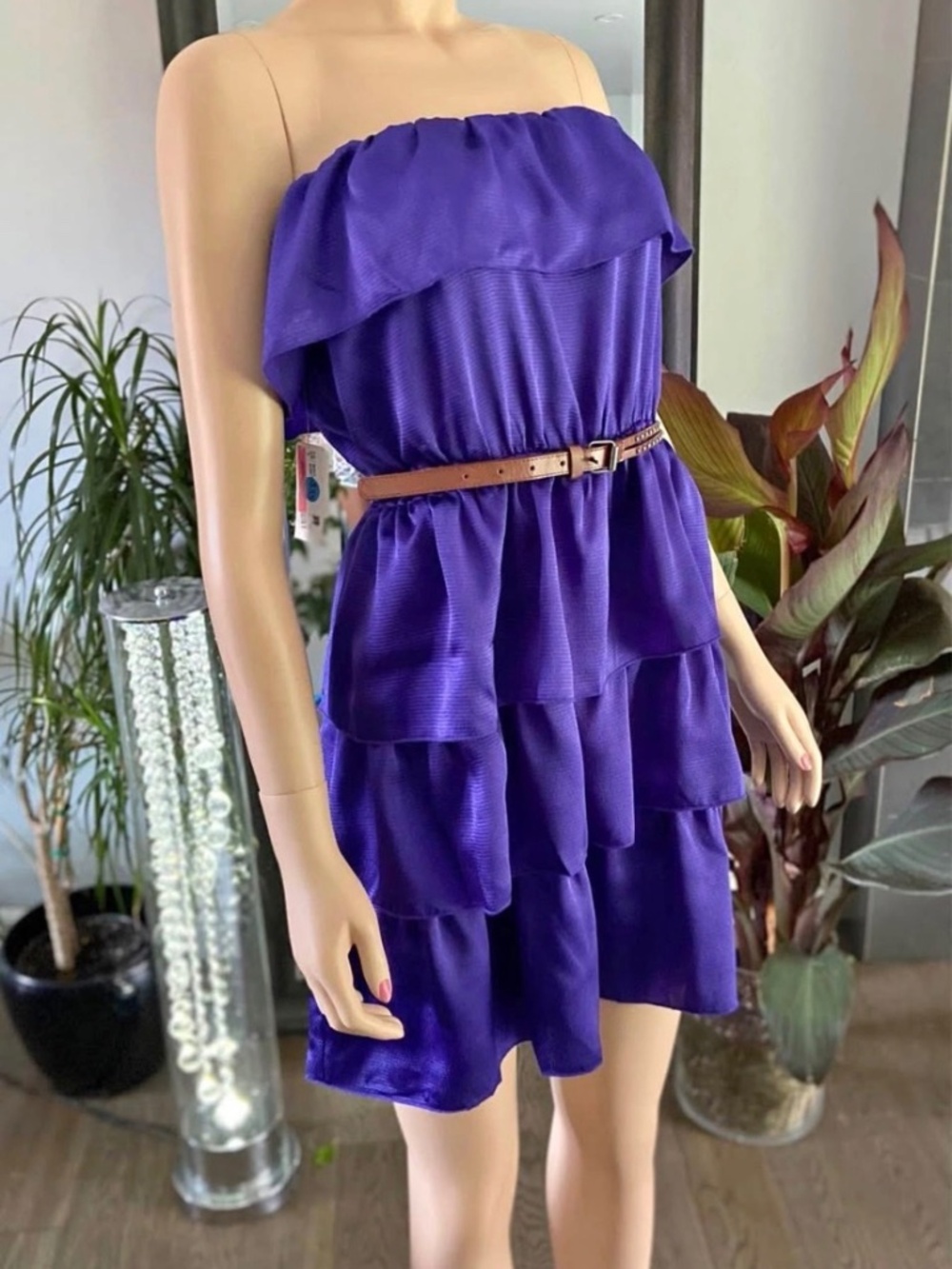 NWT: Laundry Purple Satin Textured Ruffled Tiered Strapless Cocktail Dress S